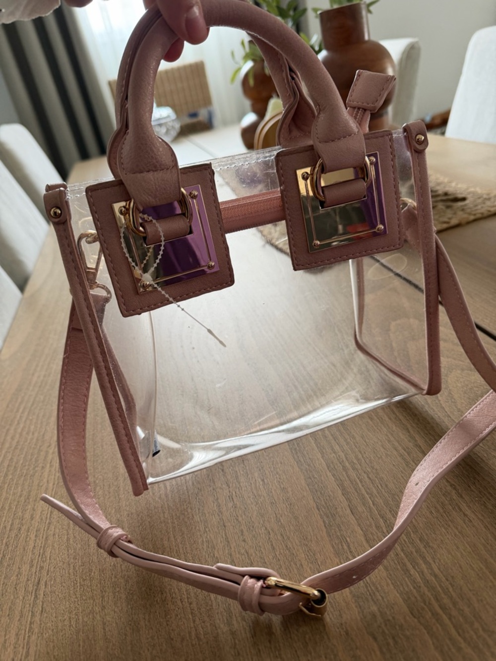 Transparent Pink Top-Handle Crossbody Bag with Gold Hardware